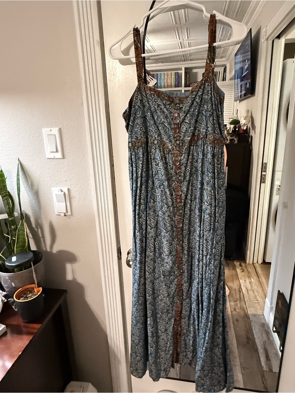 NATURAL LIFE Blue Paisley Maxi Dress with Brown Trim